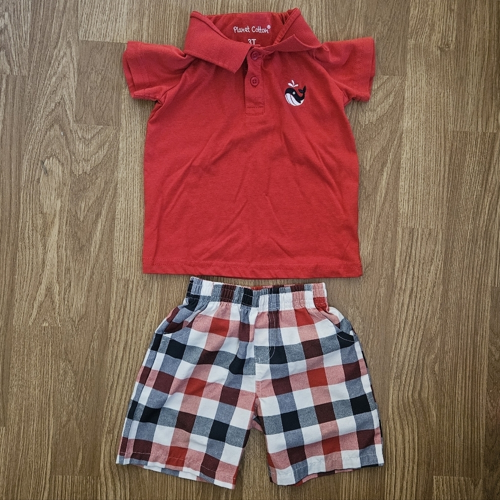 Red Polo Shirt and Plaid Shorts Set